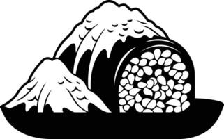 Black and white illustration of a large sushi roll on a plate, perfect for menus, branding, and sushi restaurants vector