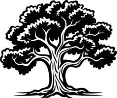 Black and white silhouette of a majestic tree with thick trunk and intricate branches vector