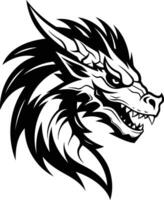 Black and white illustration of a fierce dragon head with sharp teeth and a powerful presence vector