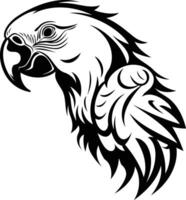 A bold and striking black and white illustration of a parrot's head, perfect for tattoo designs, graphic design projects, and branding vector