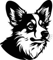 A striking black and white illustration of a welsh corgi's head, perfect for creating unique pet portraits, tattoo designs, or branding materials vector