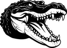 A fierce and detailed black and white illustration of an alligator's head with a wide open mouth, revealing sharp teeth vector