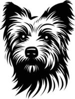 A striking black and white illustration of a yorkshire terrier, featuring intricate details of its fur and face vector