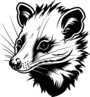 Black and white illustration of a raccoon's face with a detailed, stylized design vector