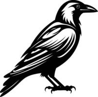 A striking black and white illustration of a crow, rendered in a bold, graphic style vector