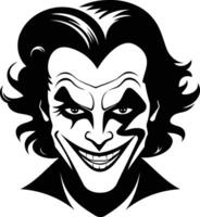 A black and white illustration of a sinister clown with an exaggerated smile and sharp features vector