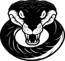 A menacing black and white illustration of a coiled snake with bared fangs, perfect for tattoo designs, branding, or any project that needs a strong and aggressive image vector