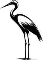 A simple, elegant black and white silhouette of a crane standing on one leg vector