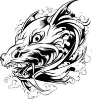 Intricate black and white illustration of a snarling wolf head with swirling smoke, perfect for tattoo designs, graphic t shirts, or any project requiring a fierce and powerful image vector