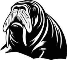 A bold, black and white illustration of a walrus head with prominent tusks vector
