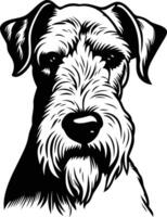 A striking black and white illustration of a wirehaired fox terrier's head, capturing its intelligent and playful expression vector