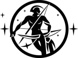 A bold and stylish silhouette of a warrior with bow and arrow, set against a starry background within a circular frame vector