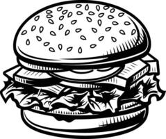 A classic, hand-drawn illustration of a juicy burger with lettuce and sesame seed bun vector
