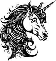 A striking black and white illustration of a unicorn's head, featuring intricate details and a flowing mane vector