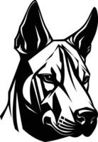 A striking black and white illustration of a dog's head, featuring bold lines and a powerful expression vector