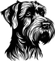 A striking black and white illustration of a schnauzer, capturing the breed's distinctive features with intricate detail vector