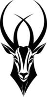 A striking black and white silhouette of an antelope head with intricate horns vector