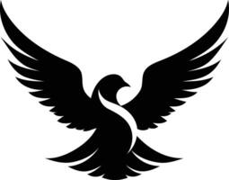 Black and white silhouette of a stylized dove with wings spread in a soaring motion vector
