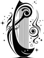 A captivating black and white illustration of a harp adorned with intricate swirls and stars vector