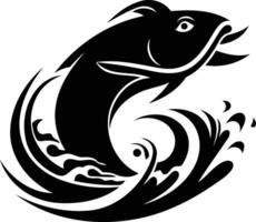 Stylized black and white illustration of a fish leaping from a wave vector