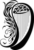 A beautiful, intricate black and white illustration of a harp with a decorative floral design vector