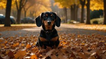 Dachshund Puppy Frolicking in a Pool of Autumn Leaves photo