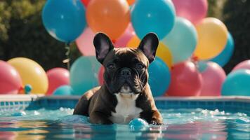 French Bulldog Lounging in a Pool of Colorful Balloons photo