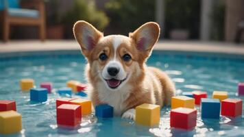 Corgi Puppy Playing in a Pool of Colorful Toy Blocks photo