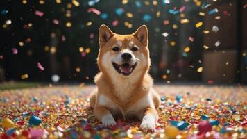 Shiba Inu Rolling in a Pool of Colorful Confetti photo