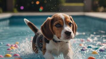 Beagle Puppy Splashing in a Pool of Rainbow Sprinkles photo