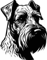 A striking black and white illustration of a miniature schnauzer's head, showcasing its distinctive facial features and textured fur vector