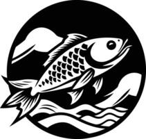 A bold black and white illustration of a stylized koi fish leaping from water vector