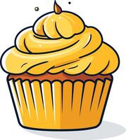 A cartoon illustration of a yellow cupcake with swirl frosting, perfect for adding a touch of sweetness to your designs vector