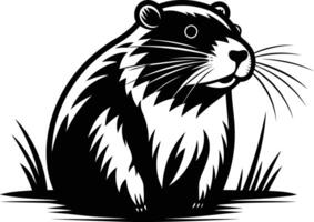 A bold, black and white illustration of a marmot standing in a field of grass vector