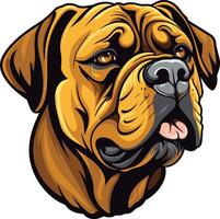 A close up illustration of a fierce bulldog's head, showcasing its strong jawline and intense gaze vector
