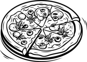 A simple black and white illustration of a delicious pizza with multiple toppings vector