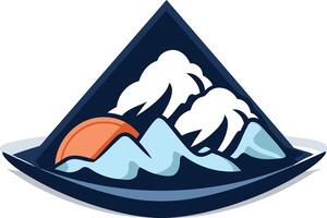 A bold and colorful logo design featuring a mountain range under a setting sun with clouds vector
