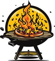 A cartoon illustration of a pizza cooking on a grill, with flames rising up around it vector