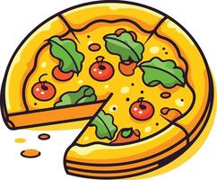 A cheerful cartoon pizza with a slice removed, perfect for menus, websites, and social media posts vector