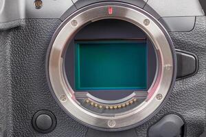 professional mirrorless camera body with exposed sensor full-frame closeup view photo