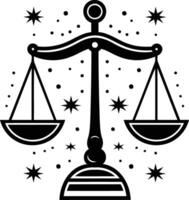 A minimalist and modern black and white illustration of a libra scale with a stylized star pattern vector