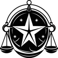 A bold and intricate black and white tattoo design featuring a five-pointed star surrounded by scales and celestial elements vector