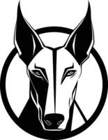 A bold, black and white illustration of a dog's head in a circular frame vector