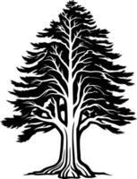 Black and white illustration of a solitary tree with a strong, thick trunk and dense foliage vector