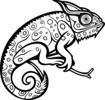 A detailed line drawing of a chameleon with a curled tail vector