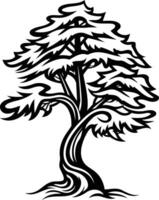 Stylized black and white illustration of a tree with intricate branches and a twisting trunk vector