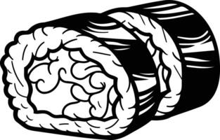 Black and white illustration of a single sushi roll in a traditional japanese style vector
