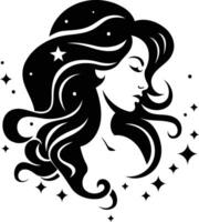A beautiful, stylized silhouette of a woman's face with flowing hair, adorned with stars vector