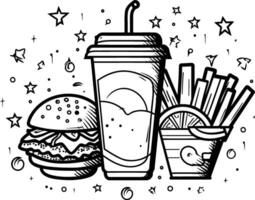 A hand-drawn illustration of a classic burger, fries, and a soda in a cup, perfect for coloring books, menu design, or fast food branding vector