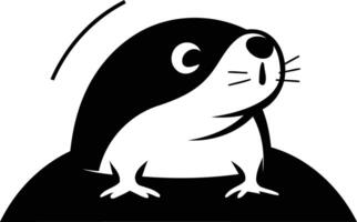 A simple, black and white element illustration of a cute gopher peeking out of its burrow vector
